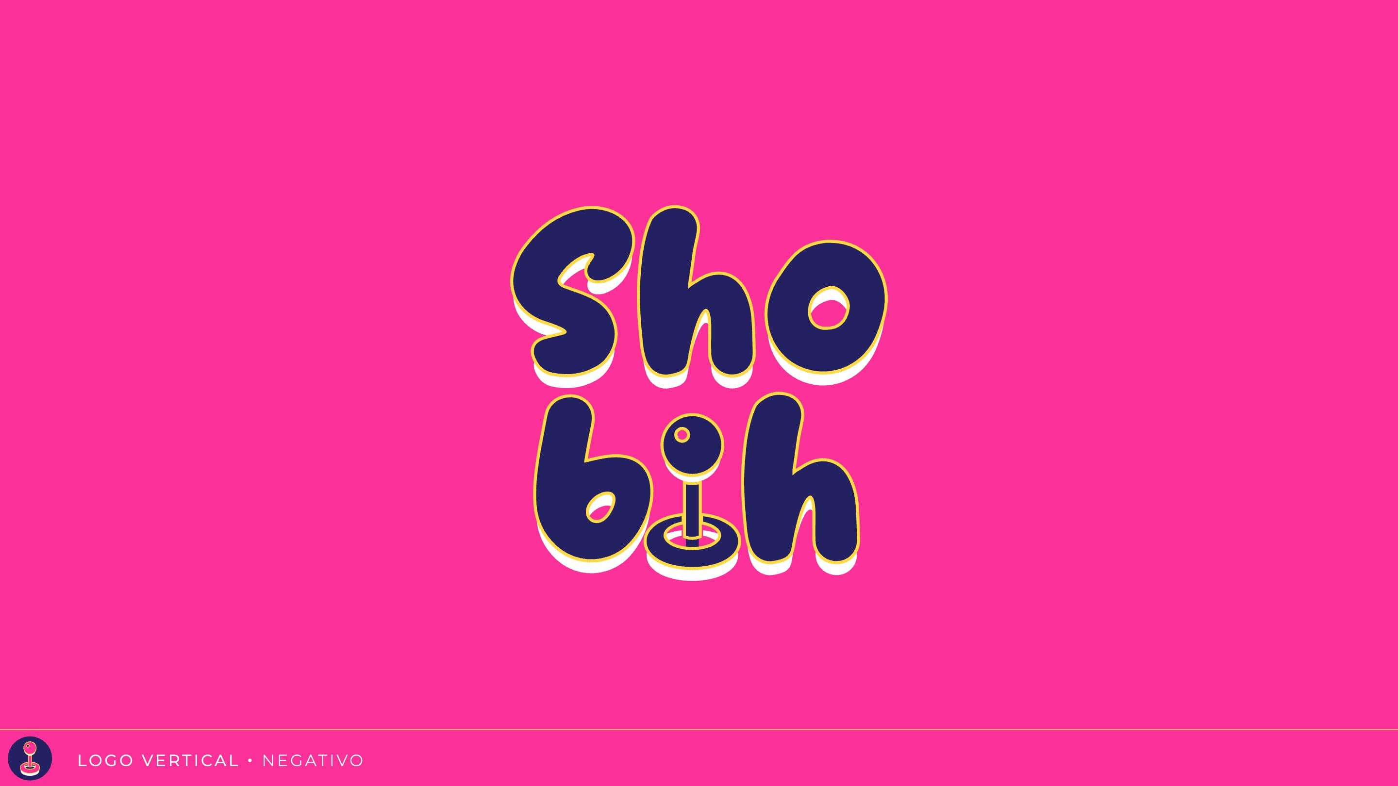 Vertical Shobih logotype in negative version on a pink background