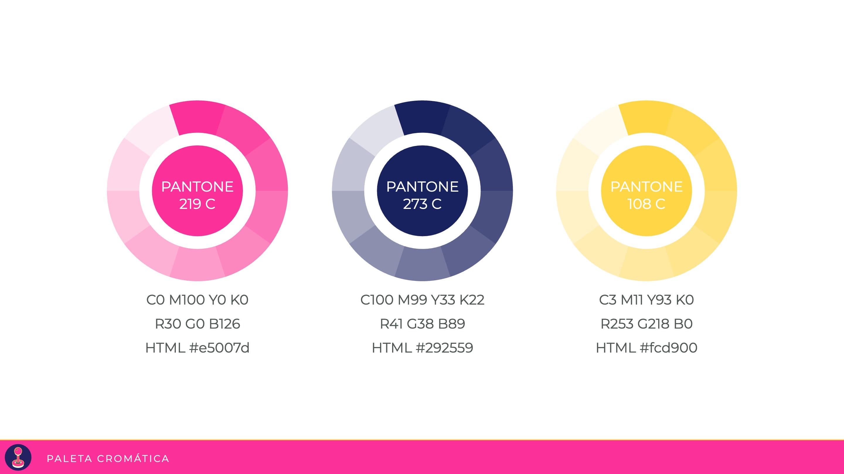 Brand's colour palette with the pink, navy blue and yellow Pantone tones