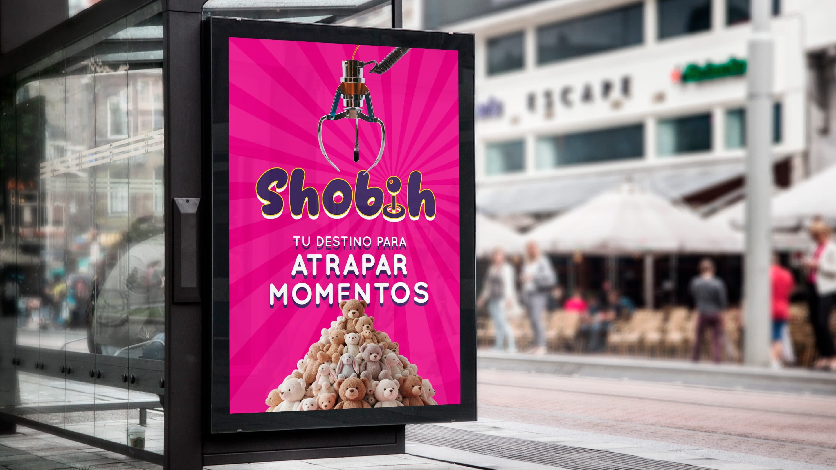 Advertising poster on a bus shelter with the tagline Catch moments and plush toys
