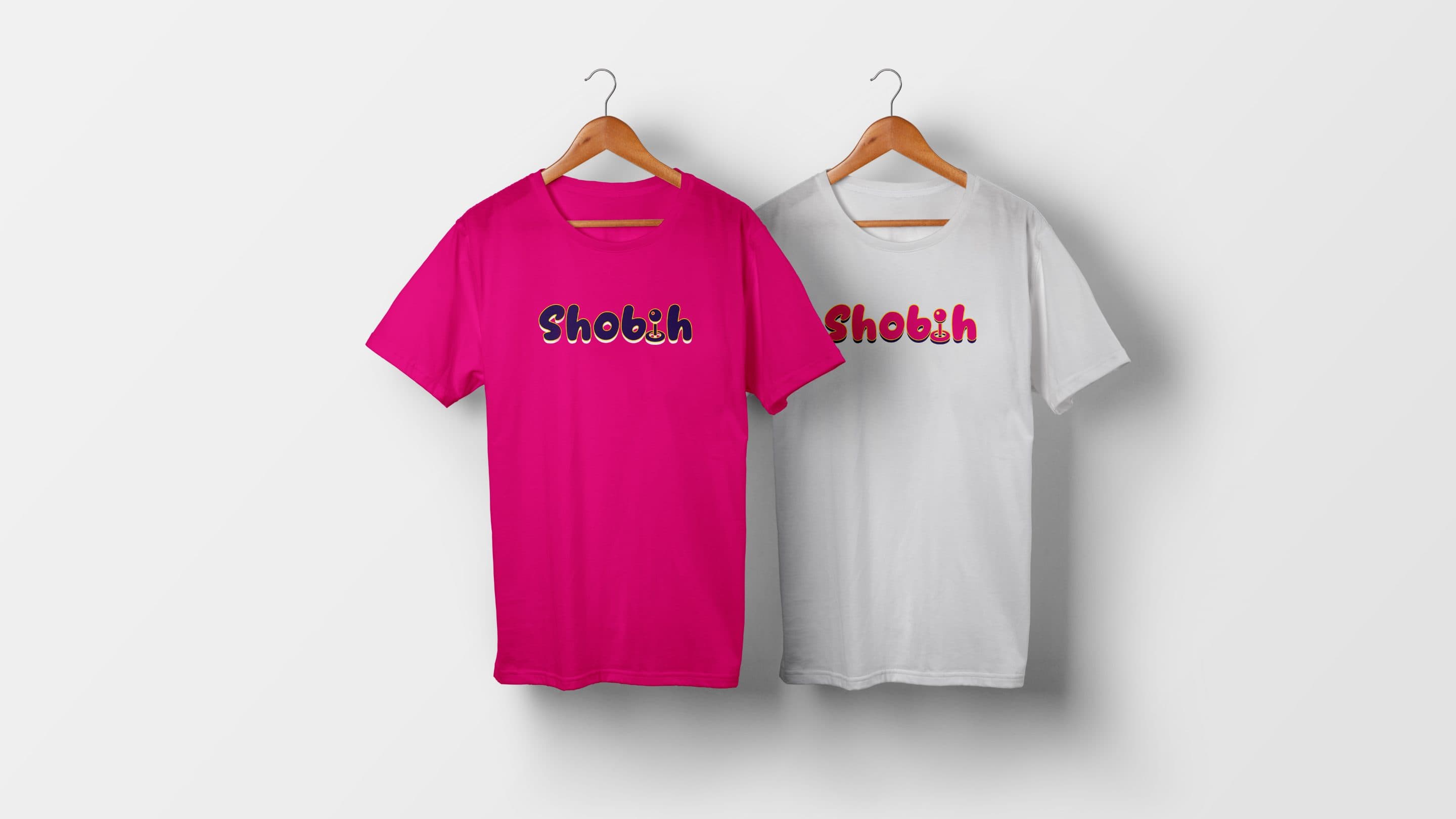 Pink and white T-shirts printed with the Shobih logotype