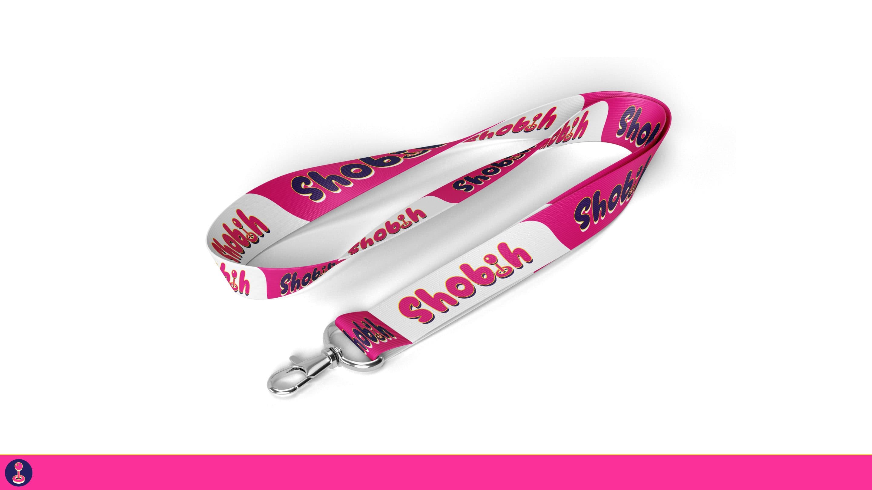 Lanyard with the Shobih logotype repeated in pink and white