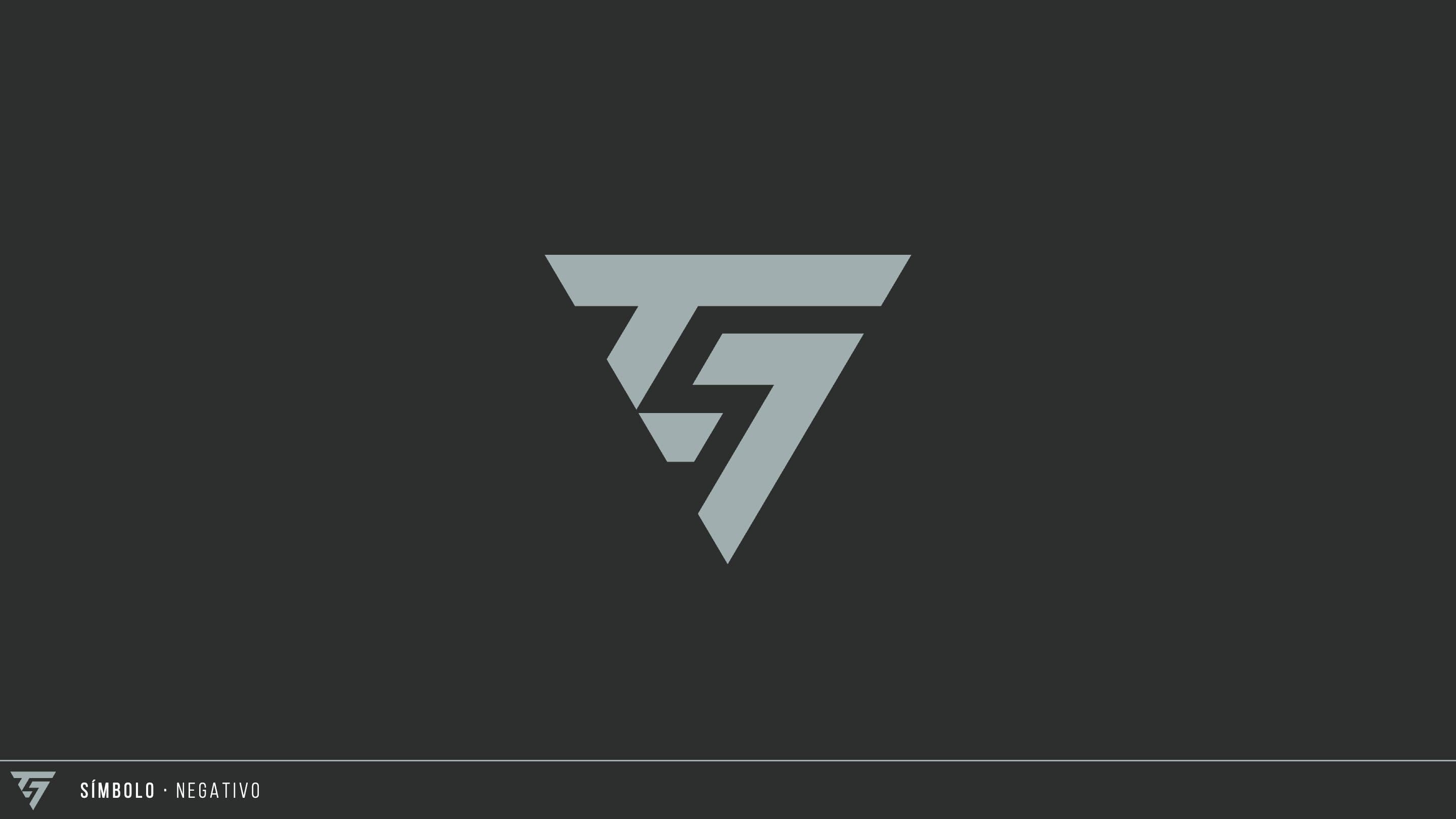 Símbolo triangular de la marca en gris sobre fondo oscuro